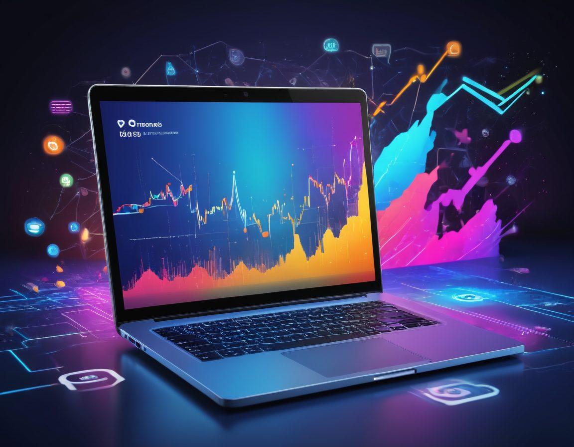 A vibrant digital landscape showcasing an upward graph symbolizing growth, surrounded by interconnected icons for SEO, social media, and e-commerce. Include a sleek laptop displaying Crazy46’s logo, with abstract patterns representing data flow. An energetic and modern color scheme. super-realistic. vibrant colors.