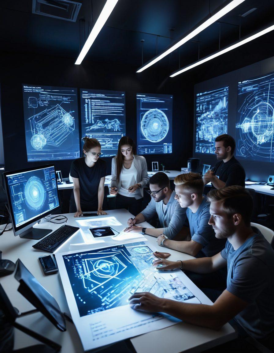 An imaginative scene of innovative web and mobile app development process: a team of creative developers brainstorming, modern and futuristic devices with complex code flowing between them, and glowing digital blueprints of apps in the background. The setting is a high-tech, open-space office with vibrant hues and creativity bursting in every corner. super-realistic. vibrant colors. futuristic design. 3D.