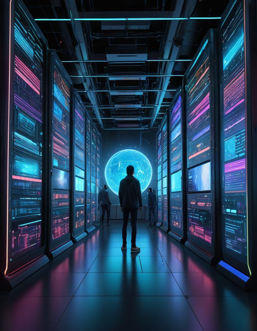 A sleek, futuristic digital hub brimming with coding matrices, tech gadgets, and holographic interfaces. A developer is surrounded by virtual AI assistants and various layers of 3D web elements, epitomizing innovation and cutting-edge digital solutions. Background filled with server racks and dynamic data streams. super-realistic. vibrant colors. futuristic style.